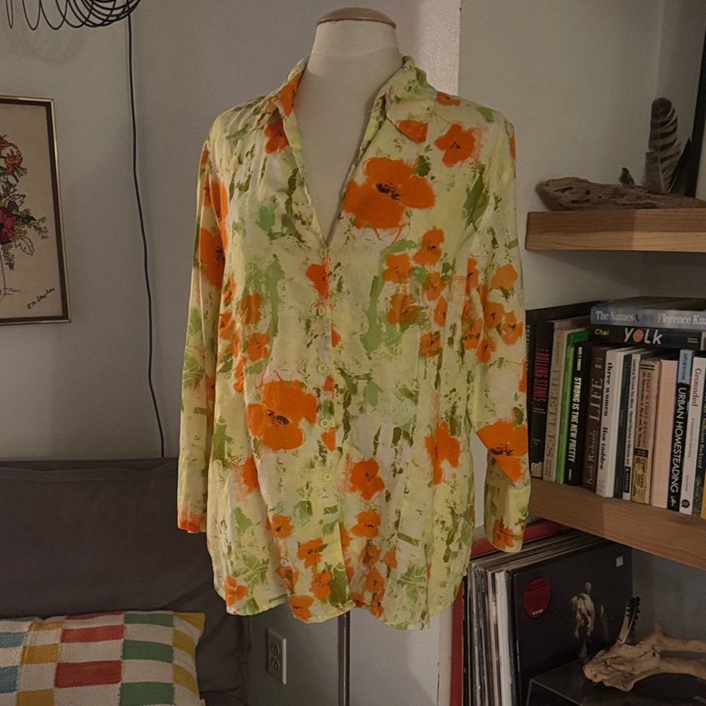 Floral Orange and Green Harve Bernard 2X Women's Top Linen